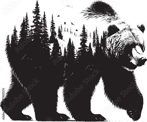 Creative illustration of a grizzly bear silhouette with a forest landscape design inside