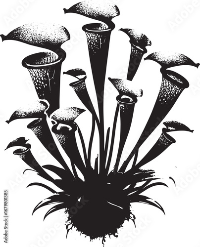 Detailed Black and White Illustration of a Pitcher Plant, Showing its Unique Structure