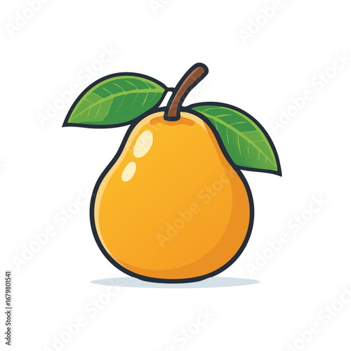 Bright yellow pear cartoon illustration with leaves isolated vector graphic