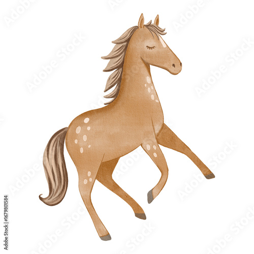 Beige horse with white spots painted in delicate watercolor style. Ideal for children’s books, nursery decor, prints, and educational projects.