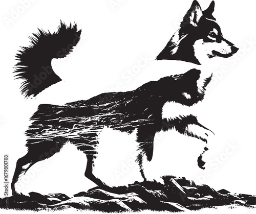 Stylized black and white illustration of a wolf running on a textured surface with artistic flair