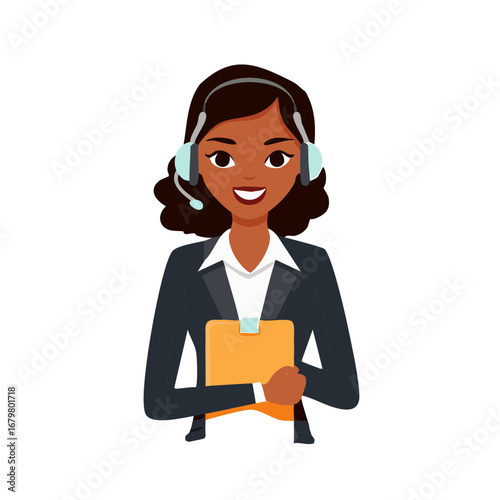 Customer service representative woman with headset and clipboard