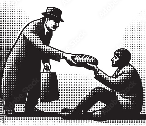 Illustration of a man giving bread to a homeless person symbolizing charity and kindness