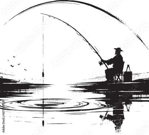 Serene sumi-e landscape depicting a fisherman casting his line i