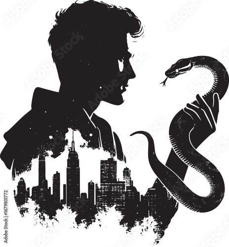 Silhouette of a Man Confronting a Snake with a Cityscape Overlay Inside His Silhouette