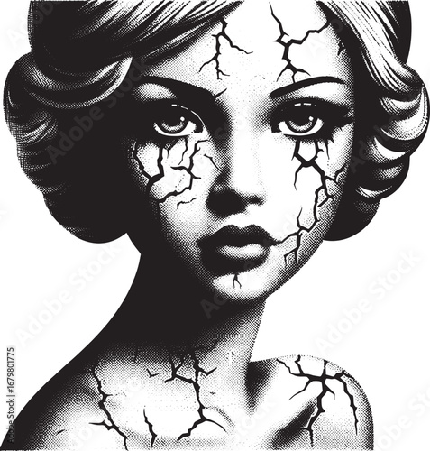 Artistic portrait of a woman with a cracked face and a melancholic expression, monochrome