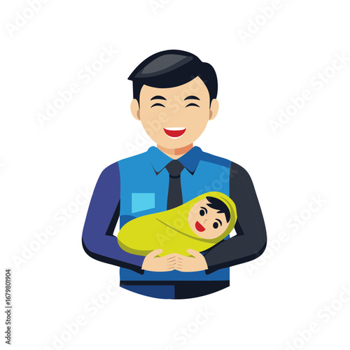 Happy father holding a newborn baby in his arms, conveying love and care