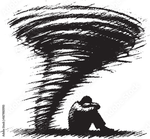 Illustration depicting a person overwhelmed by a swirling storm representing emotional turmoil