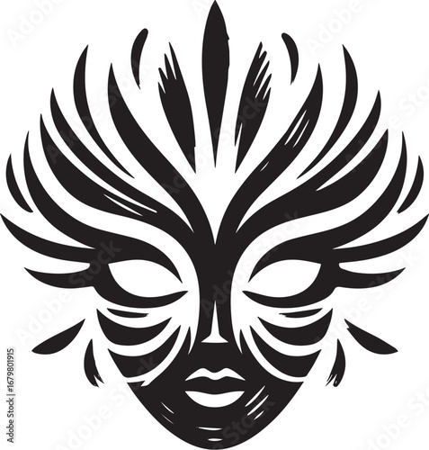 Stylized Tribal Mask Illustration with Brushstroke Aesthetics an