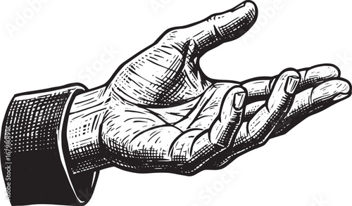 Engraved hand gesture offering or receiving, monochrome detailed