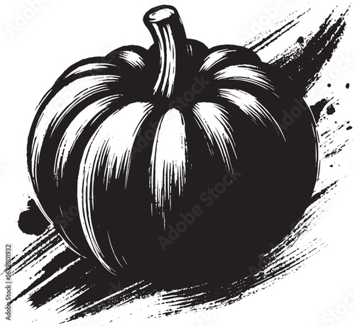 Elegant sumi-e rendering of an acorn squash, minimalist brushstr