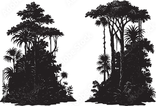 Detailed black and white woodcut illustration of lush tropical j