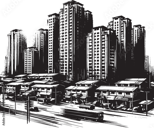 Monochrome Cityscape: Sumi-e Style Illustration of Housing and U