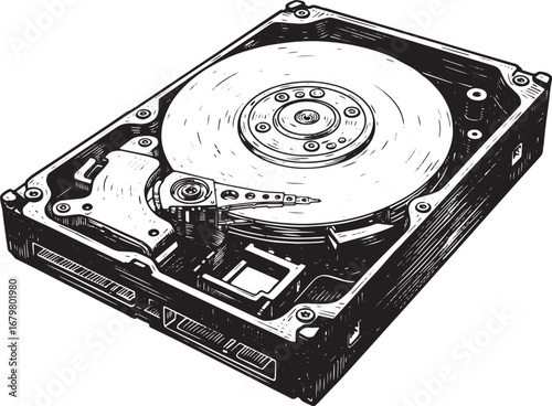 Detailed black and white woodcut illustration of a hard drive, v