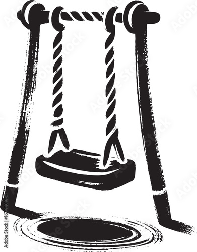 Monochrome Illustration of Child's Swing in Sumi-e Style with Br