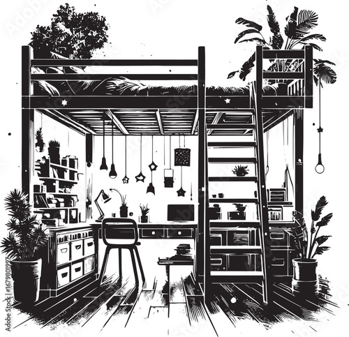 Monochrome illustration of a modern loft bedroom design with a desk, ladder, and plants