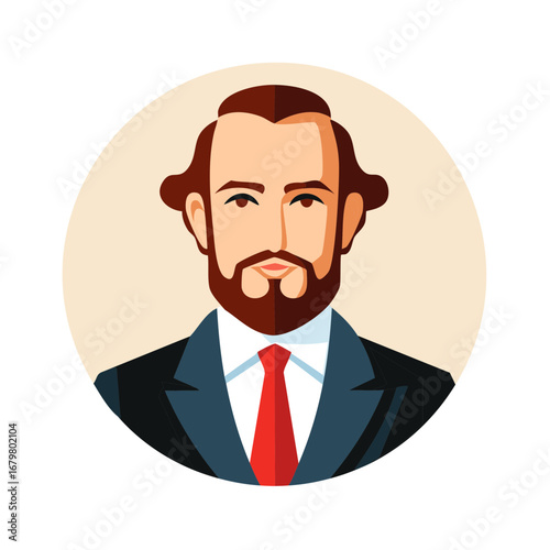 Portrait of a Man with a Beard, Wearing a Suit and Red Tie in a Circle