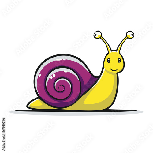Happy cartoon snail illustration featuring a vibrant yellow body and a distinctive purple spiral shell