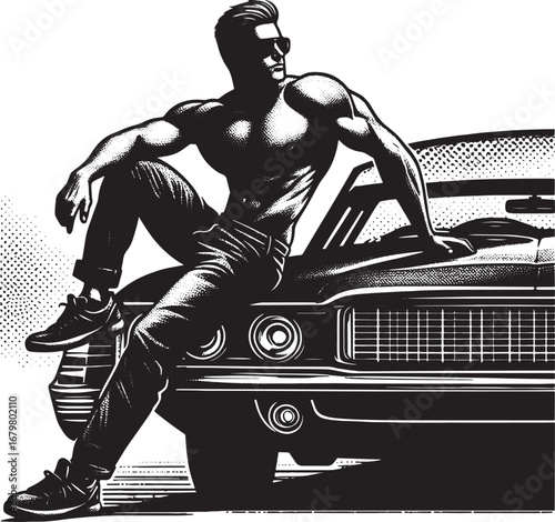 A Muscular Man Posing Confidently on a Classic Car Depicted in Black and White Silhouette