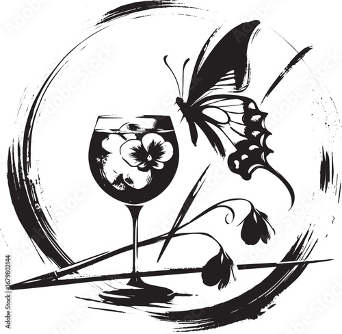 Elegant Sumi-e Illustration of Butterfly Pea Gin & Tonic with Fl