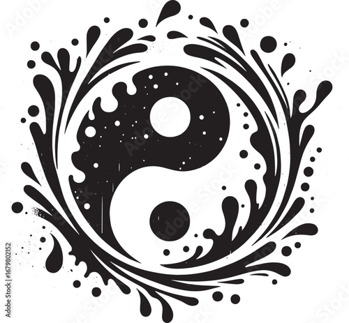 Black and White Yin Yang Symbol with Decorative Splash and Water Effect Design