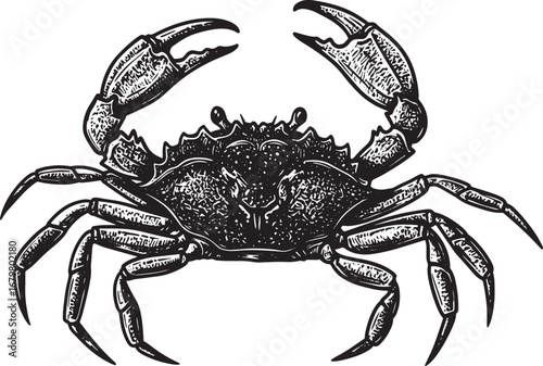 Detailed woodcut style illustration of a crab in black and white