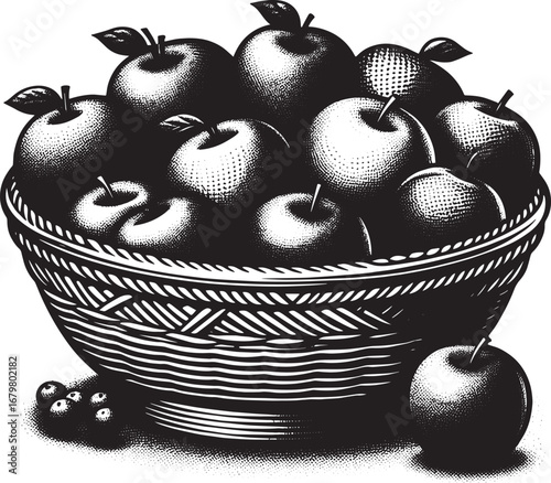 Illustration of a basket filled with ripe apples in black and white, perfect for design