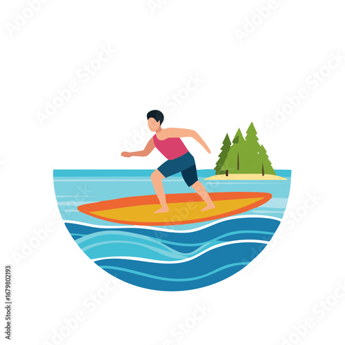 Man surfs ocean waves near pine trees on tropical island