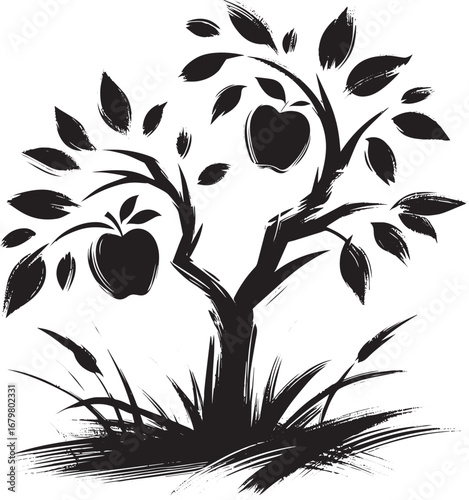 Sumi-e Apple Orchard Depiction: Minimalist Brushstroke with Blac