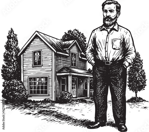 Intricate woodcut illustration of a homeowner standing proudly i