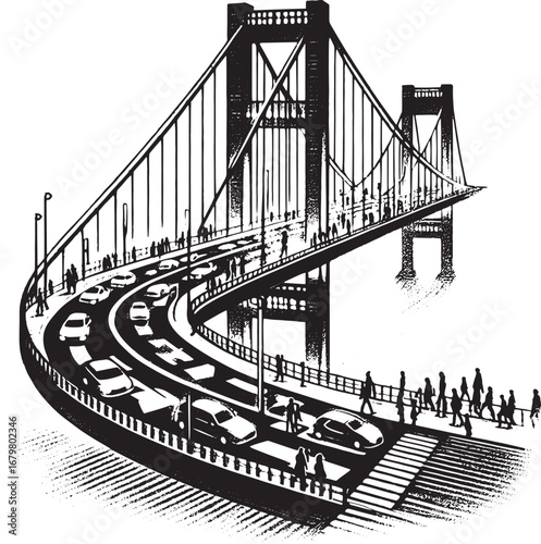 Black and White Illustration of a Bridge with Cars and Pedestrians Crossing Over the Road