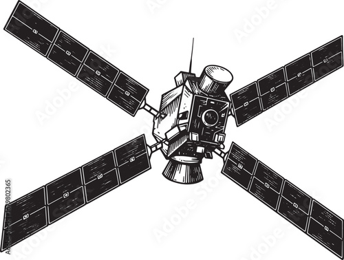 Monochrome Satellite Illustration with Extended Solar Panels for