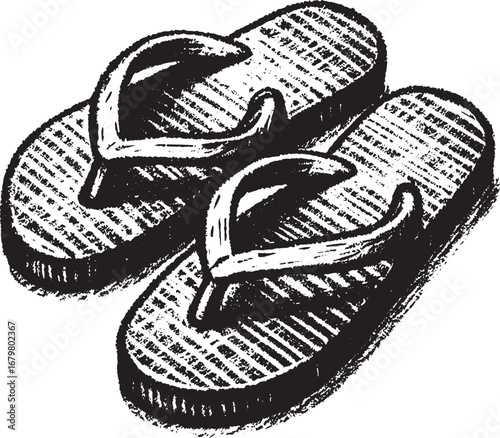 Illustration of a pair of black and white flip-flops perfect for summer vacation and beach