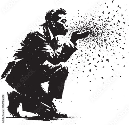 Minimalist sumi-e illustration of a man blowing confetti from hi