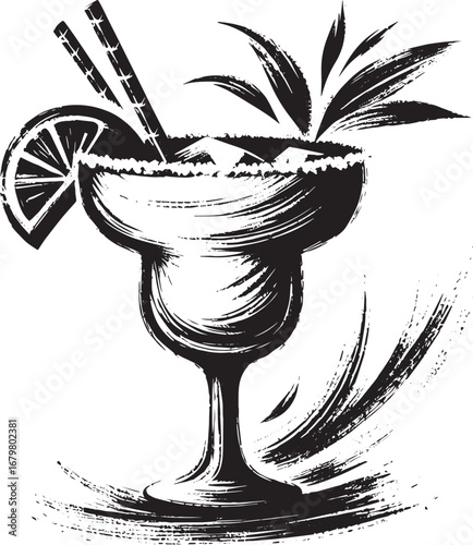 Minimalist Sumi-e Illustration of a Spicy Mango Margarita in Bla