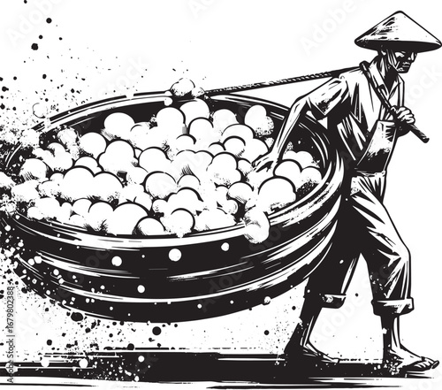 Monochrome Sumi-e Illustration of a Man Carrying Soapy Water Bas