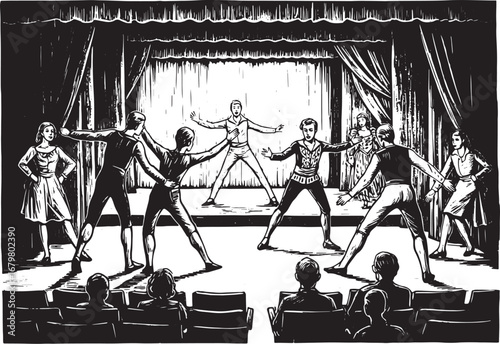Monochrome Woodcut Illustration of a Stage Performance Rehearsal