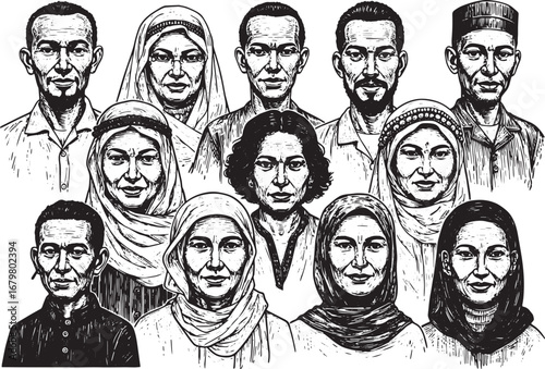Diverse group of global citizens in woodcut style isolated on wh