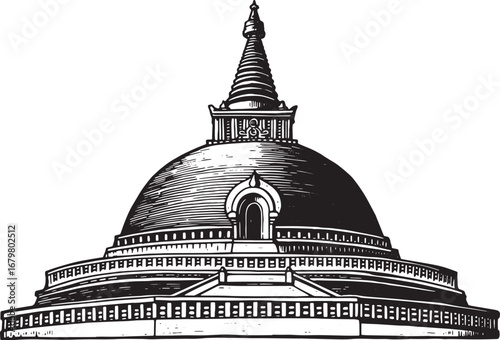 Elaborate Stupa Woodcut Depiction: Architectural Heritage, Sacre