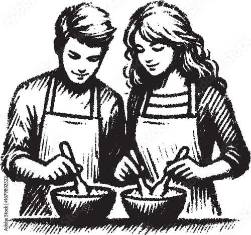 Illustration of a couple cooking together in the kitchen, preparing food with aprons