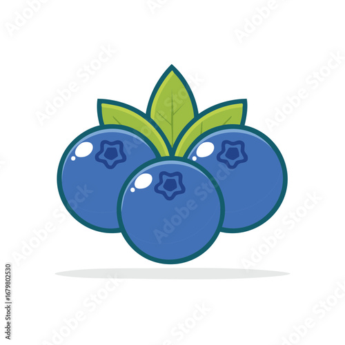 Three fresh blueberries with green leaves, berry icon for food illustration, stylized health nutrition ingredients, vector berry fruits