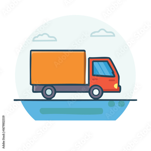 Red cargo truck with orange box moving on blue surface with clouds above