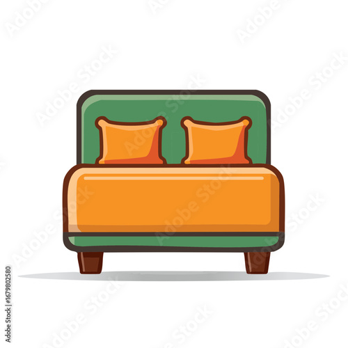 Comfortable Double Bed with Pillows in Modern Style, Illustration, Cozy bedroom icon.