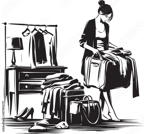 Illustration of woman packing suitcase with clothes strewn aroun