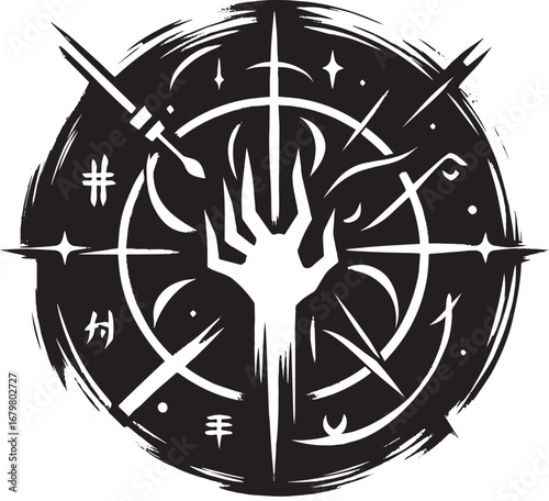 Intricate hand drawn vector glyph depicting mysterious arcane ci
