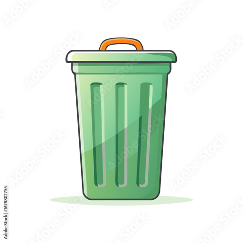Green Trash Can with Orange Handle Clean Recycle Bin Cartoon Icon Style