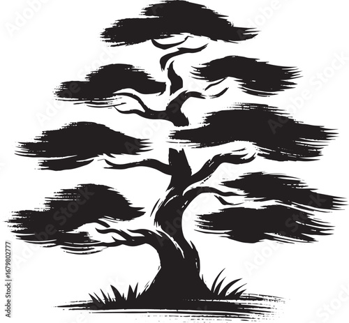 Elegant Cypress Tree Icon in Sumi-e Style: Minimalist Design wit