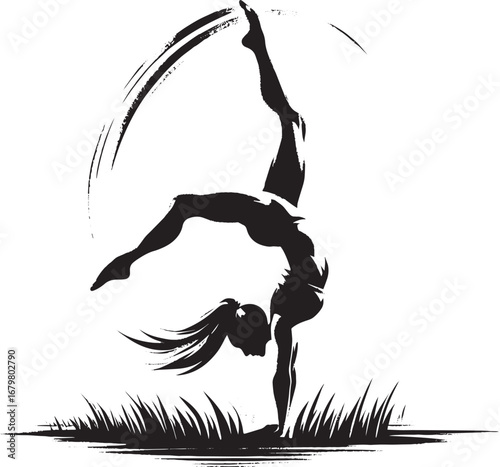 Dynamic brushstroke illustration of a cartwheeling woman in sumi