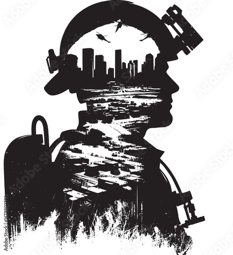 Silhouette of a firefighter with a city skyline inside, symbolizing urban safety and protection