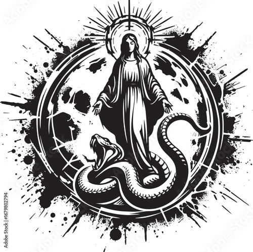 Intricate Black and White Illustration of a Religious Figure with a Snake and Halo Design